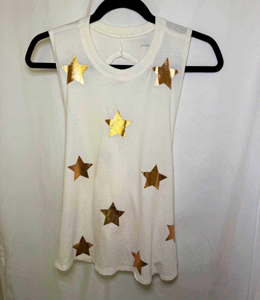 Spiritual Gangster Women’s L White/Gold Star Foil Lightweight Round Neck Tank